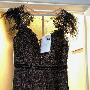 Mac Duggar Black Embellished Feather Cap Sleeve Illusion Neck Trumpet Gown